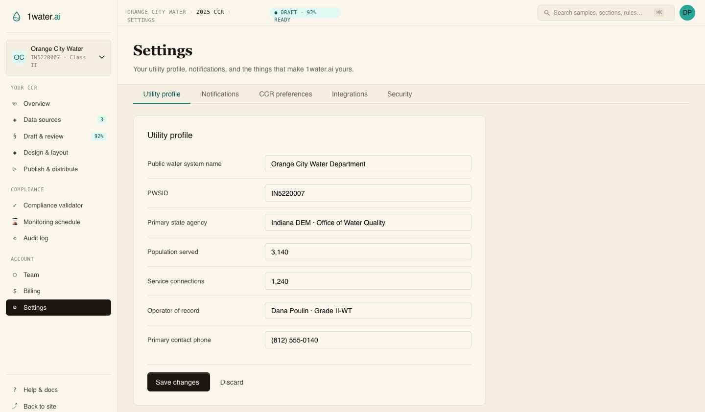 CCR Agent review canvas with section draft, evidence, and compliance chips